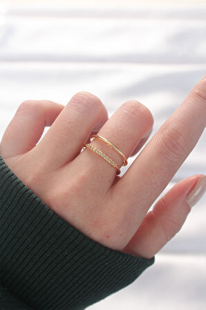 2li Görünümlü Su Yolu Tasarımlı Gold Renk Ayarlanabilir Yüzük - TJ-BYK3136