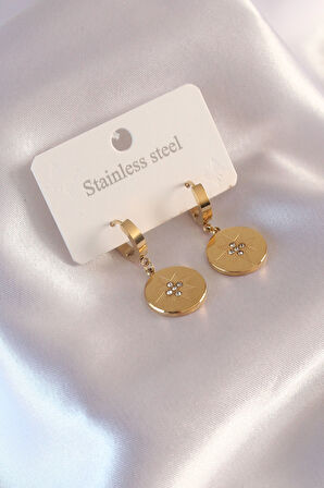 Çelik Gold Renk Kutup Yıldızı İşleme Zirkon Taşlı Kadın Küpe - TJ-BKP6961