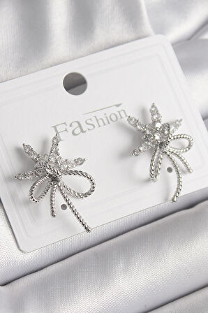 Pirinç Gümüş Renk Zirkon Taşlı Yıldız Düğüm Model Kadın Küpe - TJ-BKP9952