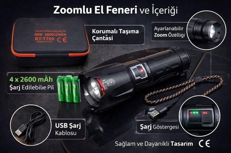 6000 Lümen 60W Şarjlı El Feneri - 2 KM Menzilli 10400 mAh Powerbank 4 Pilli Metal Fener RT-T709
