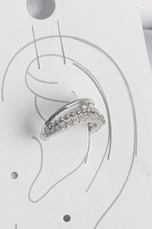 Pirinç Gümüş Renk Zirkon Taşlı 3'Lü Sıralı Kadın Kıkırdak Küpe - TJ-BKP10554