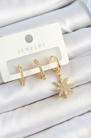 Pirinç Zirkon Taşlı Kutup Yıldızı Model Gold Renk 3'lü Çift Kadın Küpe Set - TJ-BKP10820