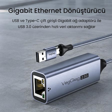 USB-A ve Type-C 2.5G Gigabit Ethernet Dönüştürücü Adaptör