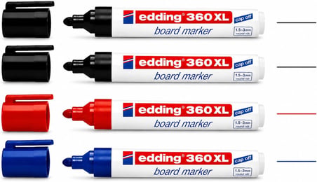 360 XL Tahta Kalemi Seti, 4'lü (2 Siyah, 1 Mavi, 1 Kırmızı), Yuvarlak Uçlu, 1.5-3 mm, Beyaz Tahta ve Flipchart Uyumlu, Cap-Off Teknolojisi