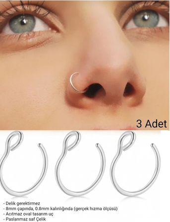 Deliksiz Çelik Sıkıştırmalı Halka Hızma, 3 Adet Set, Gümüş, Unisex Kulak Burun Piercingi