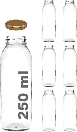 250 ml Metal Kapaklı Meyve Suyu, Meşrubat, Limonata Şişesi 250 cc Cam Şişe 6 Adet (Altın/Gold)