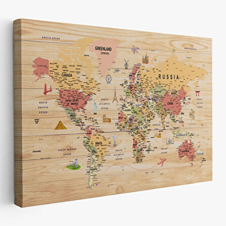 Harita Sepeti Ahşap Görünümlü Dünya Haritası Sembollü Eğitici Dekoratif Kanvas Tablo 2930