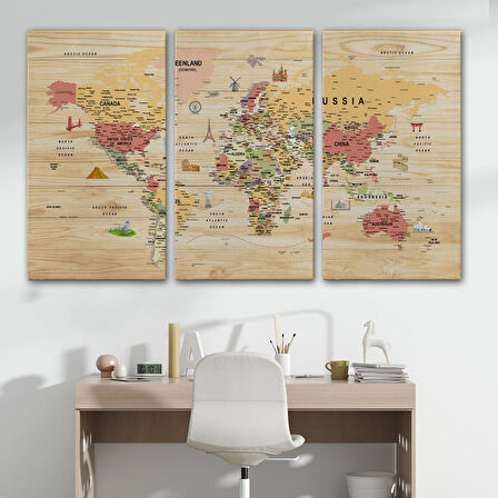 Harita Sepeti Ahşap Görünümlü Dünya Haritası Sembollü Eğitici Dekoratif Kanvas Tablo 2930