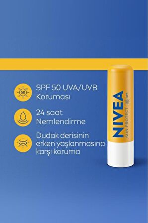 Nivea SUN Yüksek Güneş Korumalı Dudak Bakım Kremi 4.8gr, SPF50, 24 Saat Nemlendirici, E ve C Vitamini