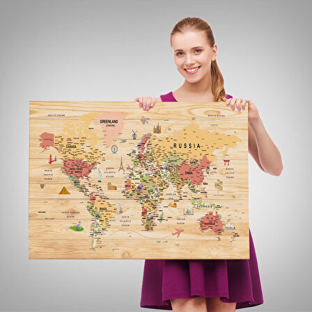 Harita Sepeti Ahşap Görünümlü Dünya Haritası Sembollü Eğitici Dekoratif Kanvas Tablo 2930