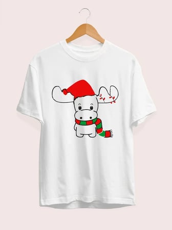 Modi Green Yılbaşı Noel Ren Geyiği Baskılı Kısa Kollu Oversize Bisiklet Yaka T-shirt - Beyaz