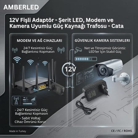 12V Fişli Adaptör 2 Amper 25 Watt - Şerit LED, Modem ve Kamera Uyumlu Güç Kaynağı Trafosu - Cata