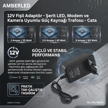 12V Fişli Adaptör 2 Amper 25 Watt - Şerit LED, Modem ve Kamera Uyumlu Güç Kaynağı Trafosu - Cata