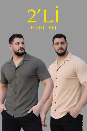 Modi Green Erkek Waffle Dokuma Açık Yakalı Düğmeli Regular Kalıp 2’li Gömlek Seti - Haki - Bej