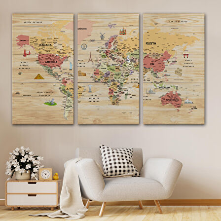 Harita Sepeti Ahşap Görünümlü Türkçe Dünya Haritası Sembollü Eğitici Kanvas Tablo 2931