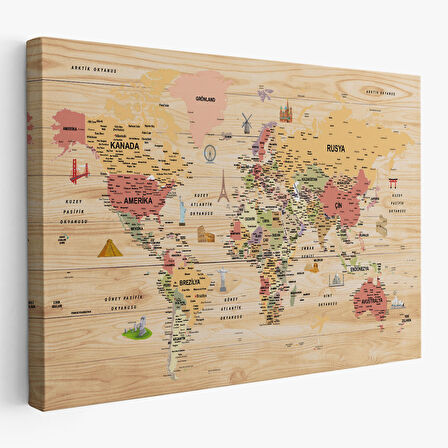 Harita Sepeti Ahşap Görünümlü Türkçe Dünya Haritası Sembollü Eğitici Kanvas Tablo 2931