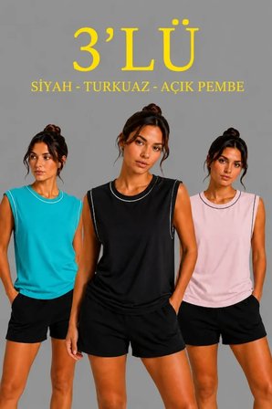 Modi Green 3’lü Kolsuz Sporcu Atlet Seti Yazlık Bisiklet Yaka - Siyah, Turkuaz, Pembe