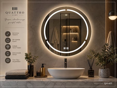 Dokunmatik Dimmer Özellikli Yuvarlak LED Işıklı Banyo Aynası 100 cm 90 cm ÇAP