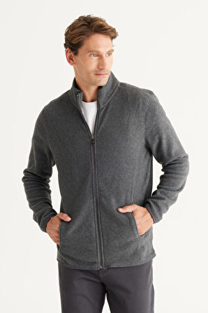 Erkek Antrasit-Melanj Anti-Pilling Tüylenme Yapmayan Standart Fit Bato Yaka Sweatshirt Polar Ceket