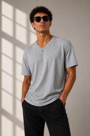 Modi Green Erkek V Yaka Basic Tişört Kısa Kol Yazlık Regular Fit T-Shirt - Gri