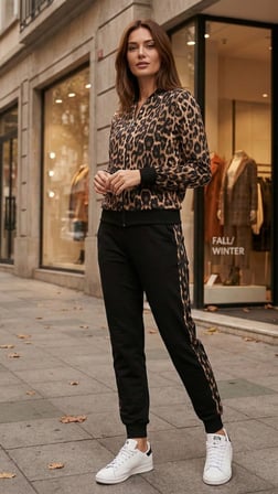 Kadın Uzun Kollu önden Fermuarlı Leopar Desen Detaylı Viskon Iki Iplik Kumaş Ikili Takım - Leopar / 2XL-3XL