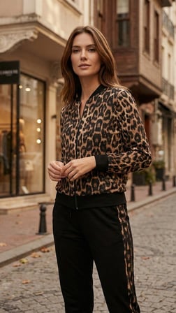 Kadın Uzun Kollu önden Fermuarlı Leopar Desen Detaylı Viskon Iki Iplik Kumaş Ikili Takım - Leopar / 2XL-3XL