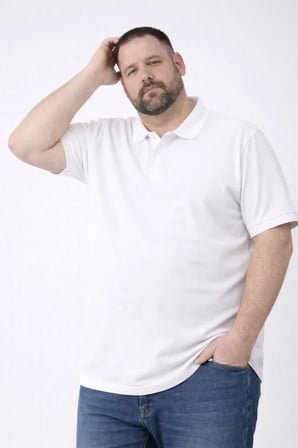 Modi Green Erkek Pike Kumaş Düğmeli Yaka Battal Büyük Beden Günlük Kısa Kol Tişört T-shirt - Beyaz