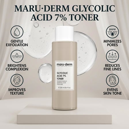 Maruderm Glikolik Asit%7 Aydınlatıcı ve Leke Görünümü Karşıtı Tonik – Meyan Kökü &amp; Hyaluronik Asit ile Pürüzsüzleştirici Peeling Tonik, 250 ML