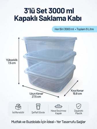 Kapaklı Saklama Kabı 3'lü Set, 3000 ml Her Biri, Şeffaf, BPA İçermez, Hava Geçirmez, İstiflenebilir