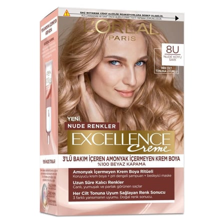 3 Adet L’Oréal Paris Excellence Creme Nude Renkler Saç Boyası – 8U Nude Koyu Sarı