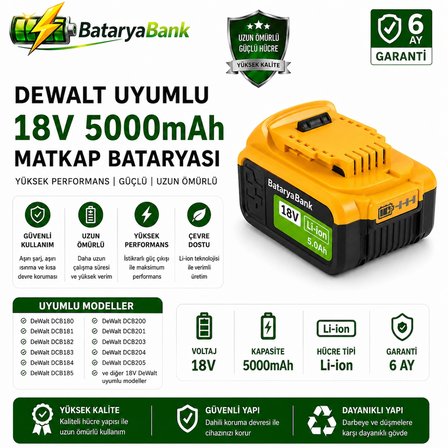 BataryaBank Dewalt Uyumlu 18V 5Ah Li-ion Şarjlı Matkap Bataryası