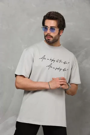 Modi Green Unisex Bisiklet Yaka Baskılı Oversize T-Shirt - Gri