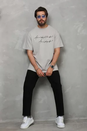 Modi Green Unisex Bisiklet Yaka Baskılı Oversize T-Shirt - Gri