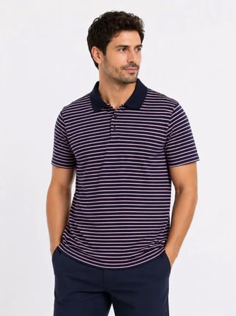 Modi Green Erkek Pike Kumaş Gül Kurusu Çizgili Polo Yaka Tişört Kısa Kol T-Shirt - Siyah
