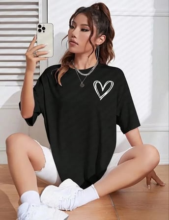 Modi Green Bisiklet Yaka Baskılı Oversize T-Shirt - Siyah