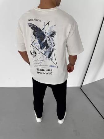 Modi Green Unisex Bisiklet Yaka Baskılı Oversize T-Shirt - Beyaz