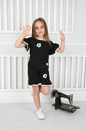 Çiçek Aksesuarlı Yazlık Şortlu Kız Çocuk Takım