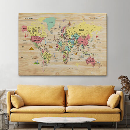 Harita Sepeti Ahşap Görünümlü Türkçe Dünya Haritası Sembollü Eğitici Kanvas Tablo 2935