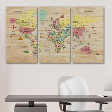 Harita Sepeti Ahşap Görünümlü Türkçe Dünya Haritası Sembollü Eğitici Kanvas Tablo 2935