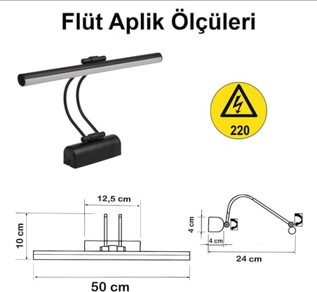 Flüt Led Aplik Elektrikli 3200K Gün Işığı 50 cm Banyo Tablo ve Çalışma Masası Duvar Aydınlatma Modern Tasarımlı Enerji Tasarruflu Led Lamba Siyah