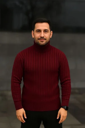 Modi Green Erkek Balıkcı Yaka Bağazlı Triko Kazak Pamuklu Kalın Fitilli Dokuma, Regular Fit Uzun Kollu Kışlık Model - Bordo