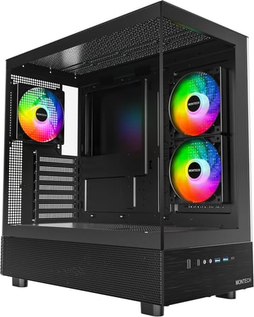 MONTECH XR, ATX Mid-Tower PC Oyun Kasası, 3 x 120mm ARGB PWM Fanlar Önceden Yüklenmiş, Tam Görünüm Çift Temperli Cam Panel, Ahşap Tahıl Tasarım G/Ç Arabirimi, 4090 GPU'ları Destekleyin, 360mm Radyatör