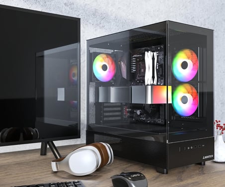MONTECH XR, ATX Mid-Tower PC Oyun Kasası, 3 x 120mm ARGB PWM Fanlar Önceden Yüklenmiş, Tam Görünüm Çift Temperli Cam Panel, Ahşap Tahıl Tasarım G/Ç Arabirimi, 4090 GPU'ları Destekleyin, 360mm Radyatör