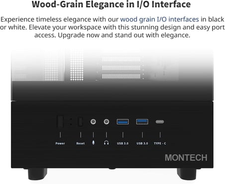 MONTECH XR, ATX Mid-Tower PC Oyun Kasası, 3 x 120mm ARGB PWM Fanlar Önceden Yüklenmiş, Tam Görünüm Çift Temperli Cam Panel, Ahşap Tahıl Tasarım G/Ç Arabirimi, 4090 GPU'ları Destekleyin, 360mm Radyatör
