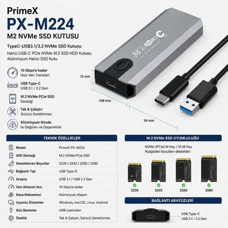 PrimeX PX-M224 M2 NVMe SSD Kutusu, TypeC-USB3.1/3.2 NVMe SSD Kutusu, Harici USB-C PCIe NVMe M.2 SSD Hdd Kutusu, Alüminyum Harici SSD Kutu