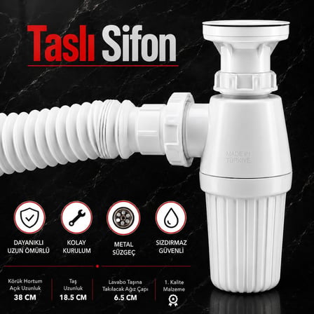 Sifon Körüklü Sökülebilir Tas'lı Temizlenebilir Mutfak Banyo Lavabo Taşı Gider Borusu Plastik 38 cm