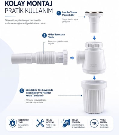 Sifon Körüklü Sökülebilir Tas'lı Temizlenebilir Mutfak Banyo Lavabo Taşı Gider Borusu Plastik 38 cm