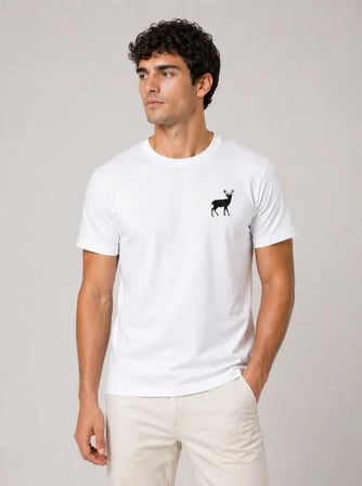 Modi Green Erkek Minimal Geyik Logolu Tişört Bisiklet Yaka Kısa Kol Yazlık T-Shirt - Beyaz
