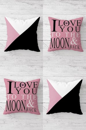 I Love You To The Moon Gizli Fermuarlı Kırlent Kılıfı Koltuk Yastık Kılıfı Takım(4adet), Pembe 45 x 45