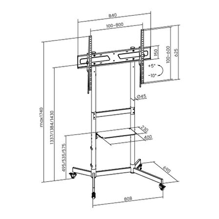Ayt Vontech V1044VE 55-100 İnç 139-252 Ekran Arası Uyumlu Tekerlekli Ayaklı Raflı Lcd Led Tv Sehpası Standı Askı Aparat